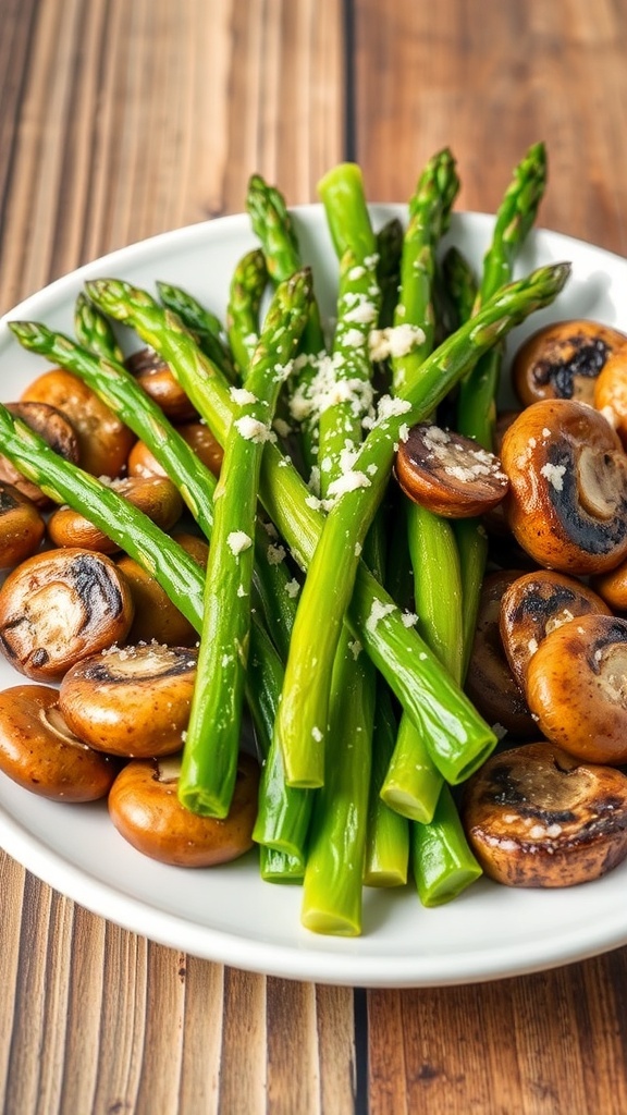 Air Fryer Asparagus and Mushrooms Recipe Air-fried asparagus and mushrooms garnished with Parmesan cheese on a rustic table.
